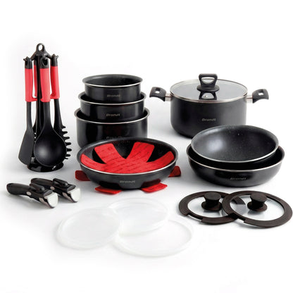 Set of 3 frypans + 3 sauce pans + 3 lids + 3 PP lids + high casserole with lid + 2 removable handles + 3 pan protectors + set of 6 nylon utensils - black