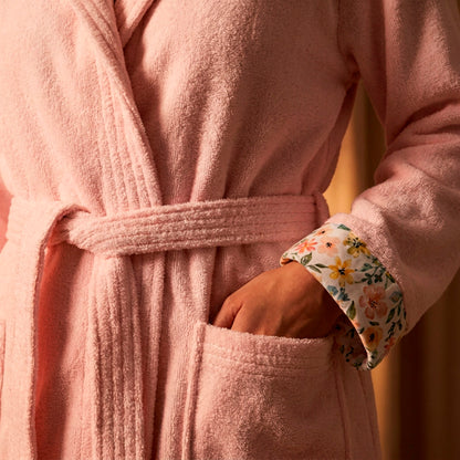 Cosy hooded bathrobe - 100% cotton velvet 320 gsm - Fleurs d'été - salmon pink