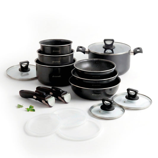 Set of 3 frypans + 3 sauce pans + 3 lids + 3 PP lids +high casserole + 2 removable handles - Black