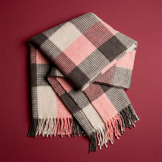 Ultra-soft woven throw - cotton blend - Tartan waffle - pink / grey Default Title