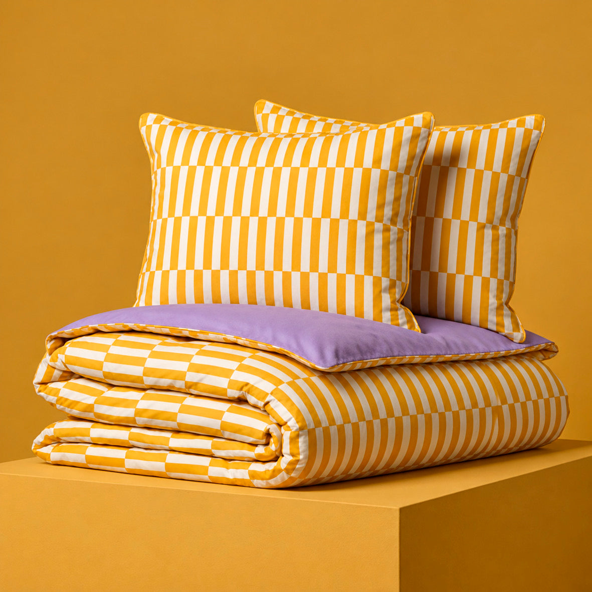 Duvet cover and pillowcase(s) set - 100% cotton sateen TC200 - Cadence rayée - yellow / lavender