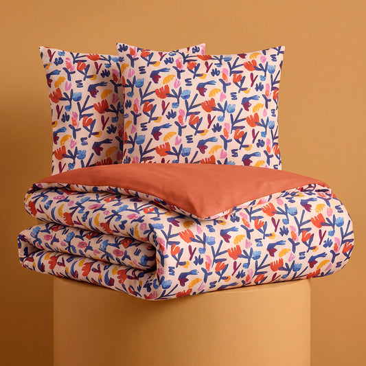 Duvet cover and pillowcase(s) set - 100% cotton sateen TC200 - Chorégraphie sauvage - multicolor / spicy pumpkin
