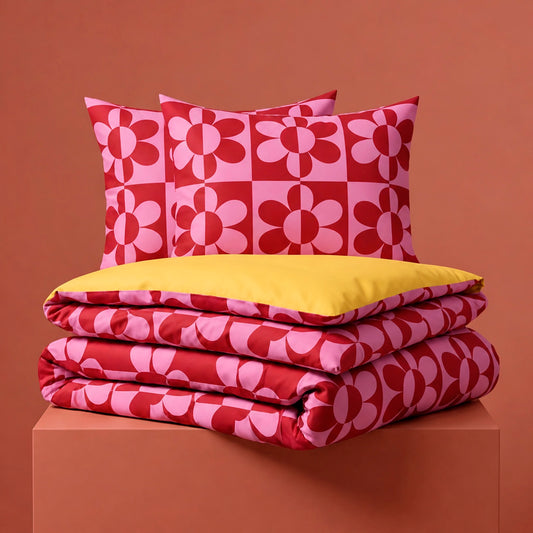 Duvet cover and pillowcase(s) set - 100% cotton sateen TC200 - Pop flower - pink / honey gold 240 x 220 cm + 2 x (63 x 63 cm)
