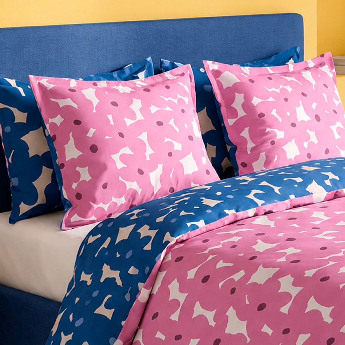 2 pillowcases - 100% cotton sateen TC200 - Pulsation florale - blue / pink