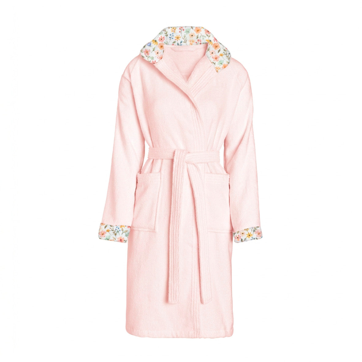 Cosy hooded bathrobe - 100% cotton velvet 320 gsm - Fleurs d'été - salmon pink
