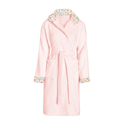Cosy hooded bathrobe - 100% cotton velvet 320 gsm - Fleurs d'été - salmon pink