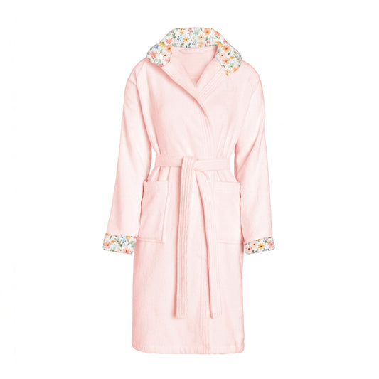 Cosy hooded bathrobe - 100% cotton velvet 320 gsm - Fleurs d'été - salmon pink