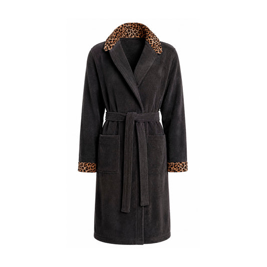 Hooded bathrobe cotton velvet - Elégance Sauvage Dark grey S M