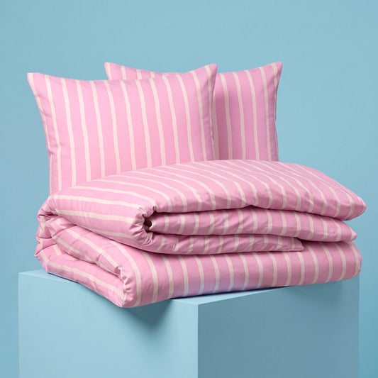 Duvet cover and pillowcase(s) set - 100% cotton sateen TC200 - Sérénité rayée - pink