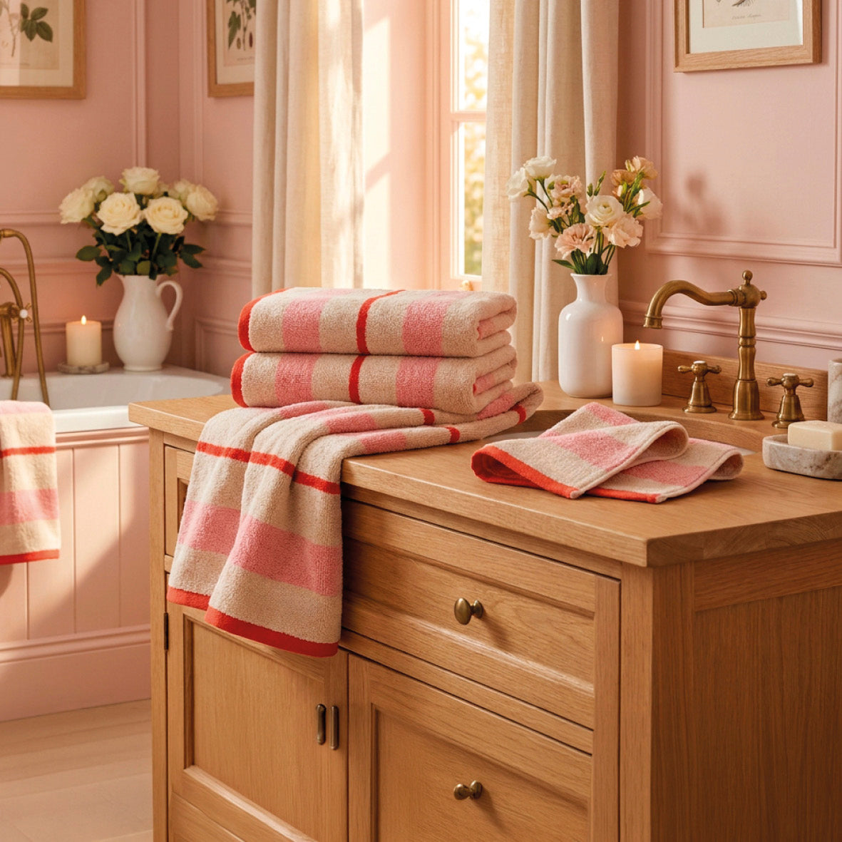 Plush 2 hand towels - 100% combed cotton - Rêverie - pink / red