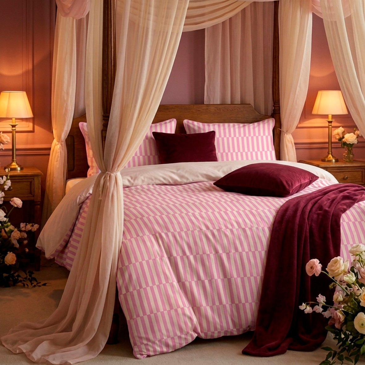 Duvet cover and pillowcase(s) set - 100% cotton sateen TC200 - Trame verticale - pink / cream white