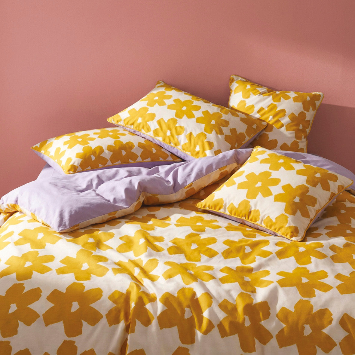 Duvet cover and pillowcase(s) set - 100% cotton sateen TC200 - Pervenche - yellow / lavender