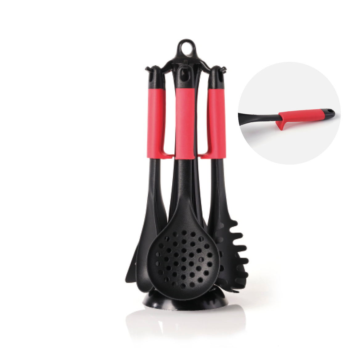 Set of 3 frypans + 3 sauce pans + 3 lids + 3 PP lids + high casserole with lid + 2 removable handles + 3 pan protectors + set of 6 nylon utensils - black