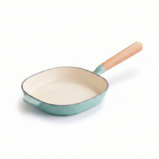 Enamelled cast iron frypan with wooden handle - green - 20 cm
