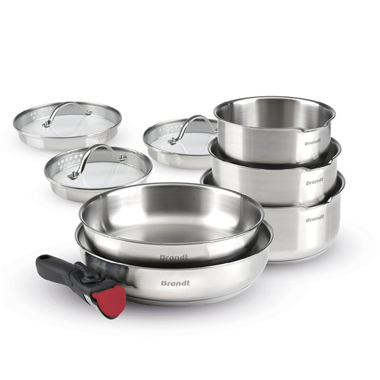 Set of 3 stainless steel sauce pans + 2 frypans + 1 removable handle + 3 pouring lids with stainless steel knob - Silver / Black / Red