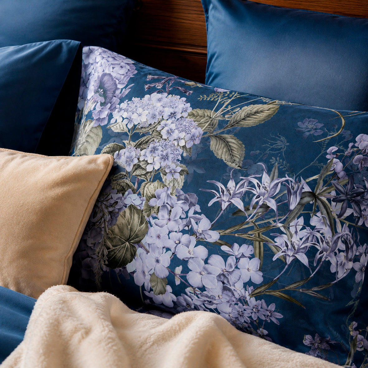 Duvet cover + pillowcase cotton satin - Hortensia Mirage Blue (4)