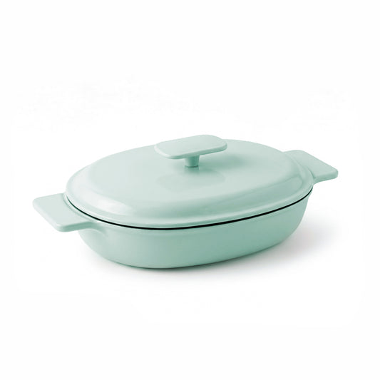 Enameled cast iron oval casserole with lid - green
