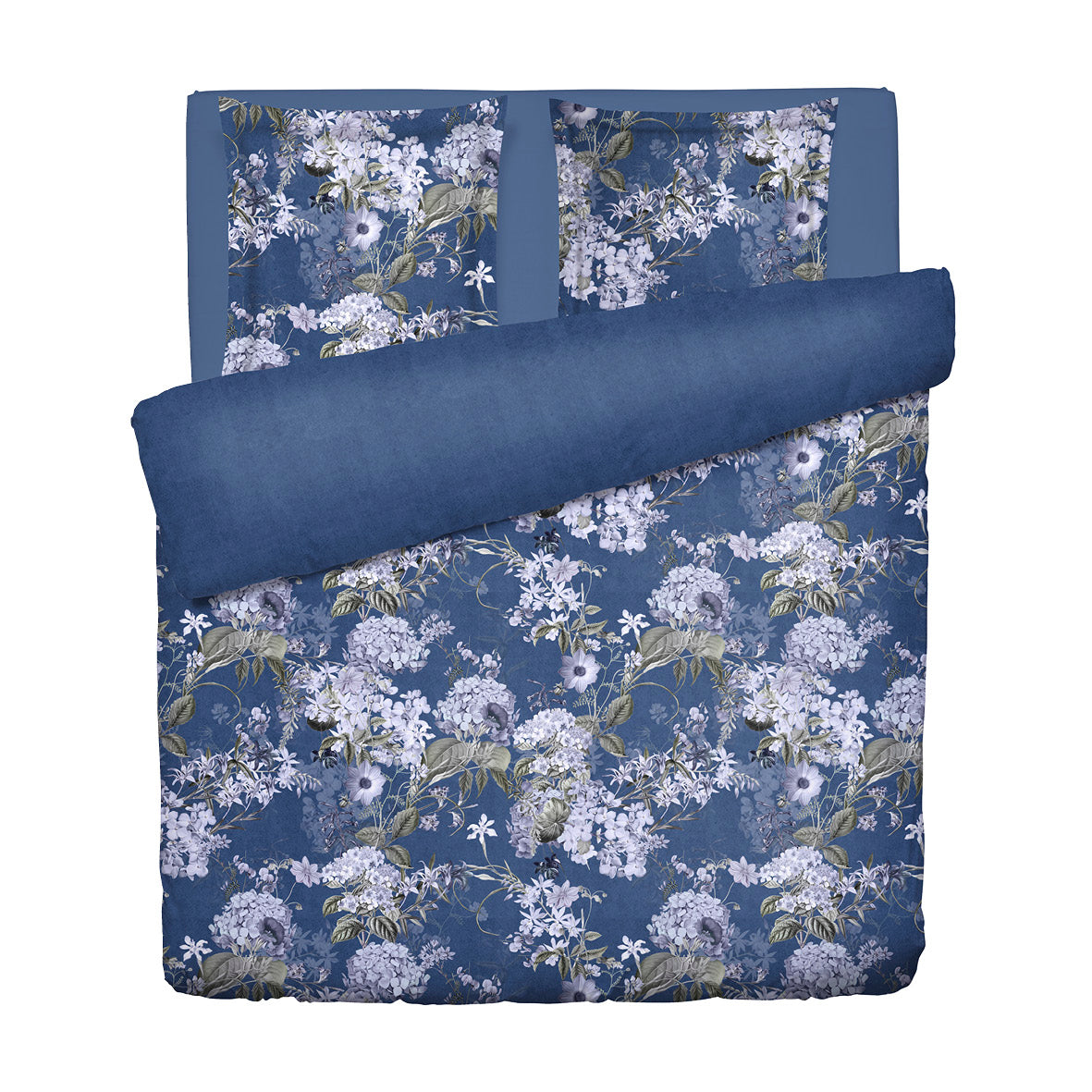 Duvet cover + pillowcase cotton satin - Hortensia Mirage Blue 240 x 220 cm + 2 x (63 x 63 cm)