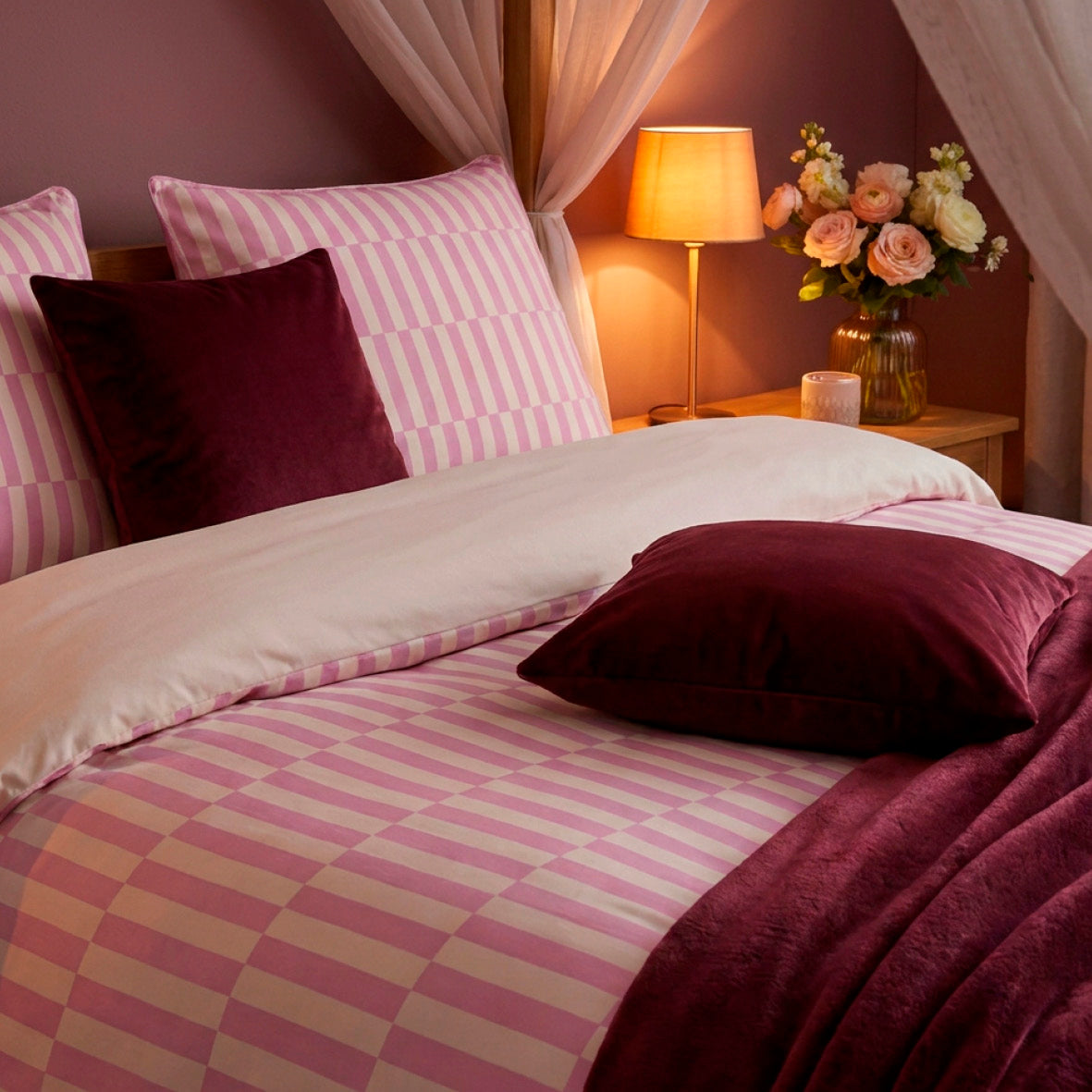 Duvet cover and pillowcase(s) set - 100% cotton sateen TC200 - Trame verticale - pink / cream white