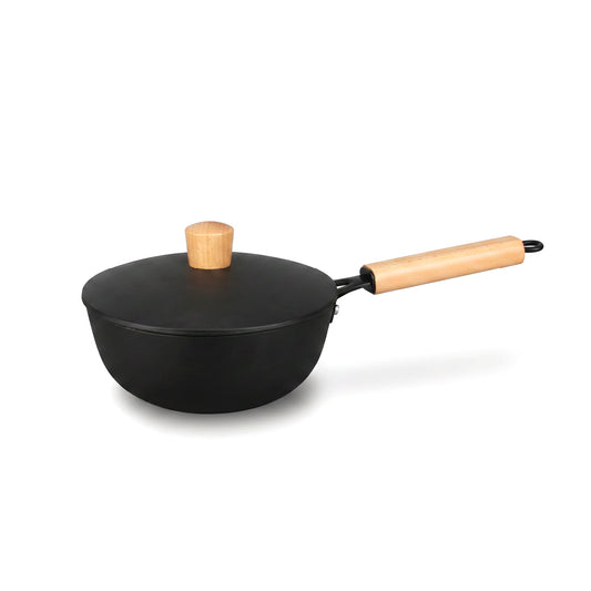 Enamelled cast iron saucepan with wooden handle with lid - black - 20 cm