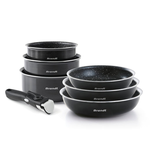 Set of 3 sauce pans + 3 frypans + removable handle - black
