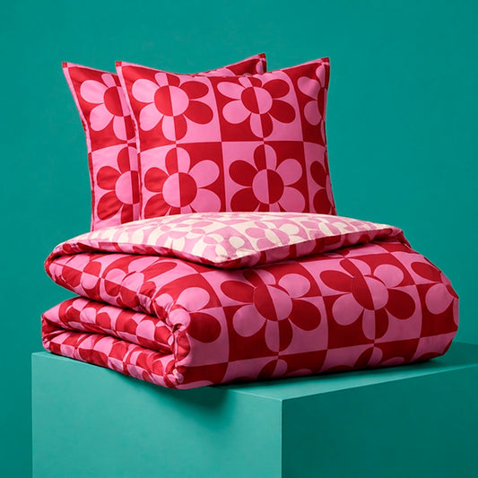 Duvet cover and pillowcase(s) set - 100% cotton sateen TC200 - Pop flower - pink