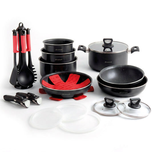 Set of 3 frypans + 3 sauce pans + 3 lids + 3 PP lids + high casserole + 2 removable handles + 3 pan protectors + set of 6 nylon utensils - Black