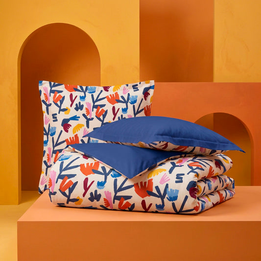 Duvet cover and pillowcase(s) set - 100% cotton sateen TC200 - Chorégraphie sauvage - multicolor / cobalt blue
