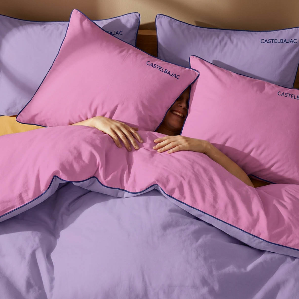 2 pillowcases - 100% cotton sateen TC200 - Uni piping - lavender / bubblegum