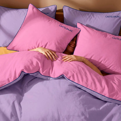 2 pillowcases - 100% cotton sateen TC200 - Uni piping - lavender / bubblegum