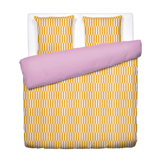 Duvet cover and pillowcase(s) set - 100% cotton sateen TC200 - Rayures alternées - yellow / bubblegum