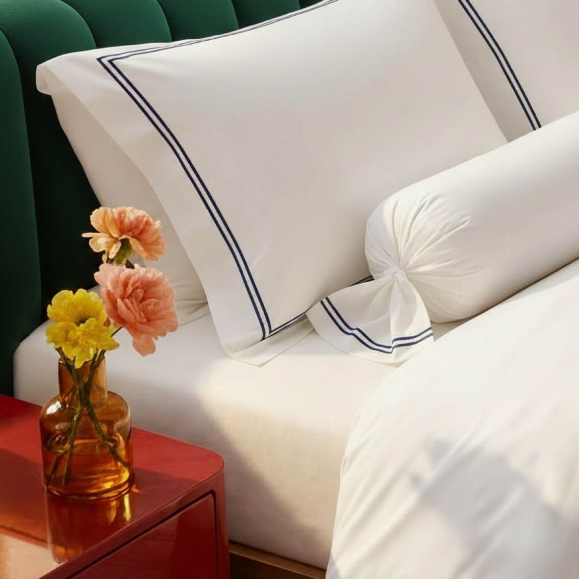 Bolster case - 100% cotton sateen TC200 - Megève - dark blue / white
