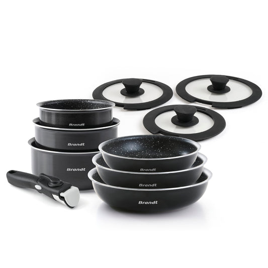 Set of 3 frypans 20 + 24 + 28 cm with removable handle + set of 3 sauce pans 16 + 18 + 20 cm + 3 glass lids with silicone knob 16 + 18 + 20 cm - Black / Transparent / Black