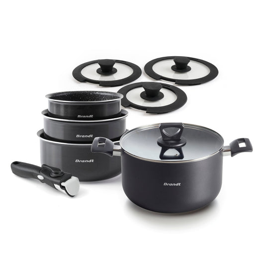 Set of 3 sauce pans + removable handle + high casserole + 4 lids