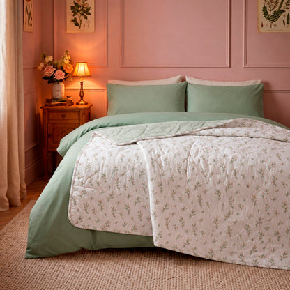 Bedspread - 100% cotton sateen TC200 - Brise florale - white