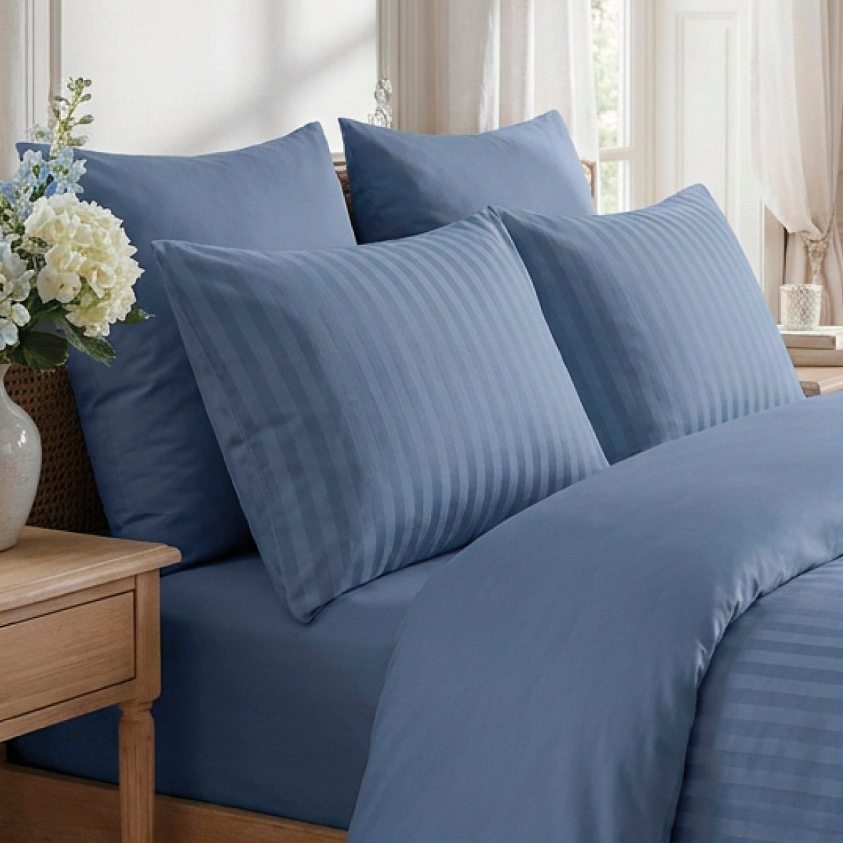 Duvet cover + pillowcase(s) cotton satin dobby stripe woven - Blue