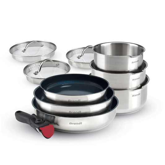 Set of 3 stainless steel sauce pans + 3 frypans with non stick coating + 1 removable handle + 3 pouring lids with stainless steel knob - Silver / Black / Red
