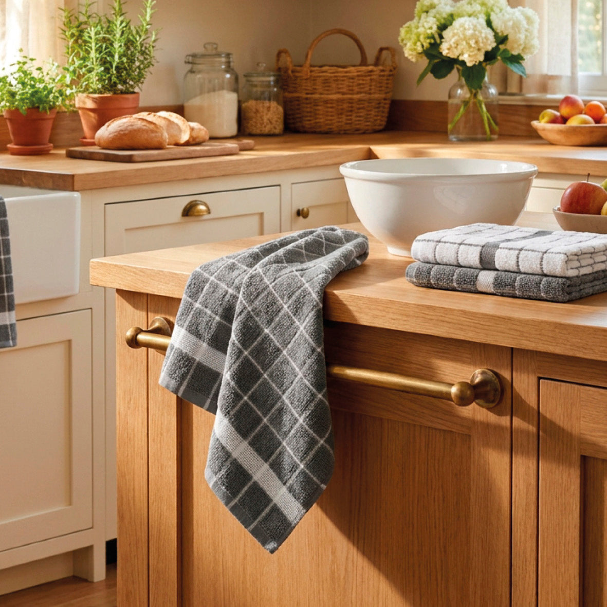 Plush 4 kitchen towels - 100% zero-twist combed cotton - Bistrot - white / black