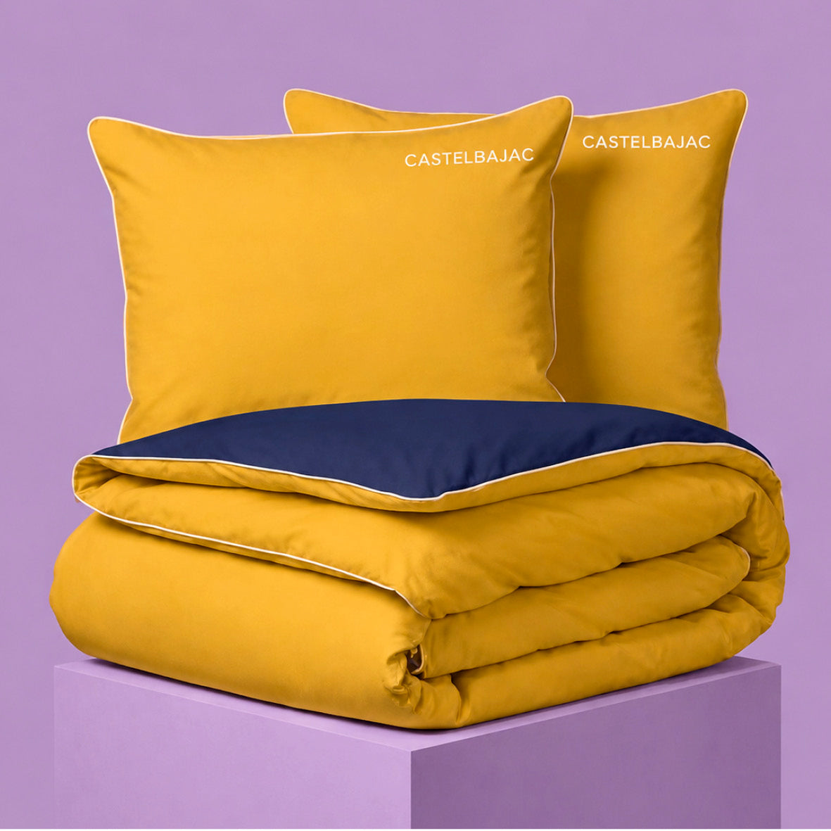 Duvet cover and pillowcase(s) set - 100% cotton sateen TC200 - Uni piping - honey gold / navy blue 260 x 240 cm + 2 x (63 x 63 cm)