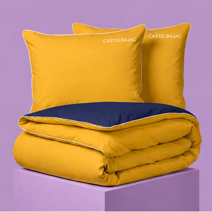 Duvet cover and pillowcase(s) set - 100% cotton sateen TC200 - Uni piping - honey gold / navy blue 260 x 240 cm + 2 x (63 x 63 cm)