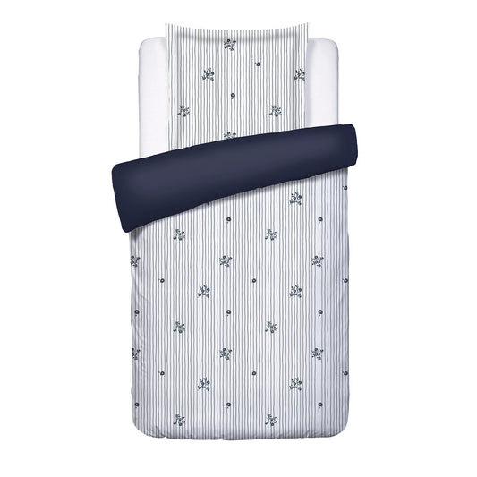 Duvet cover + pillowcase cotton satin - Rayures fleuries White / Blue 140 x 200 cm + 63 x 63 cm
