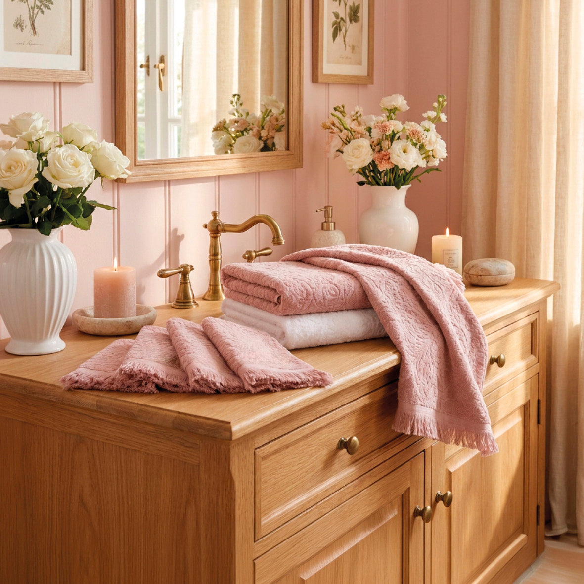 8-piece towel set - 100% combed cotton - Pétale - pink / white