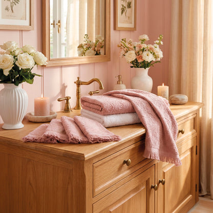 8-piece towel set - 100% combed cotton - Pétale - pink / white