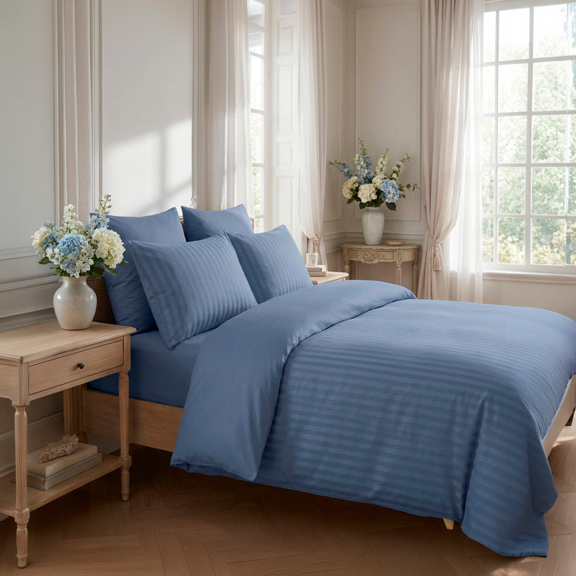 Duvet cover + pillowcase(s) cotton satin dobby stripe woven - Blue