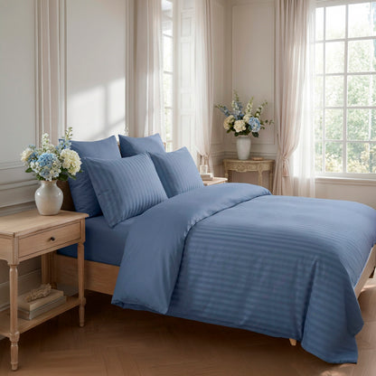 Duvet cover + pillowcase(s) cotton satin dobby stripe woven - Blue