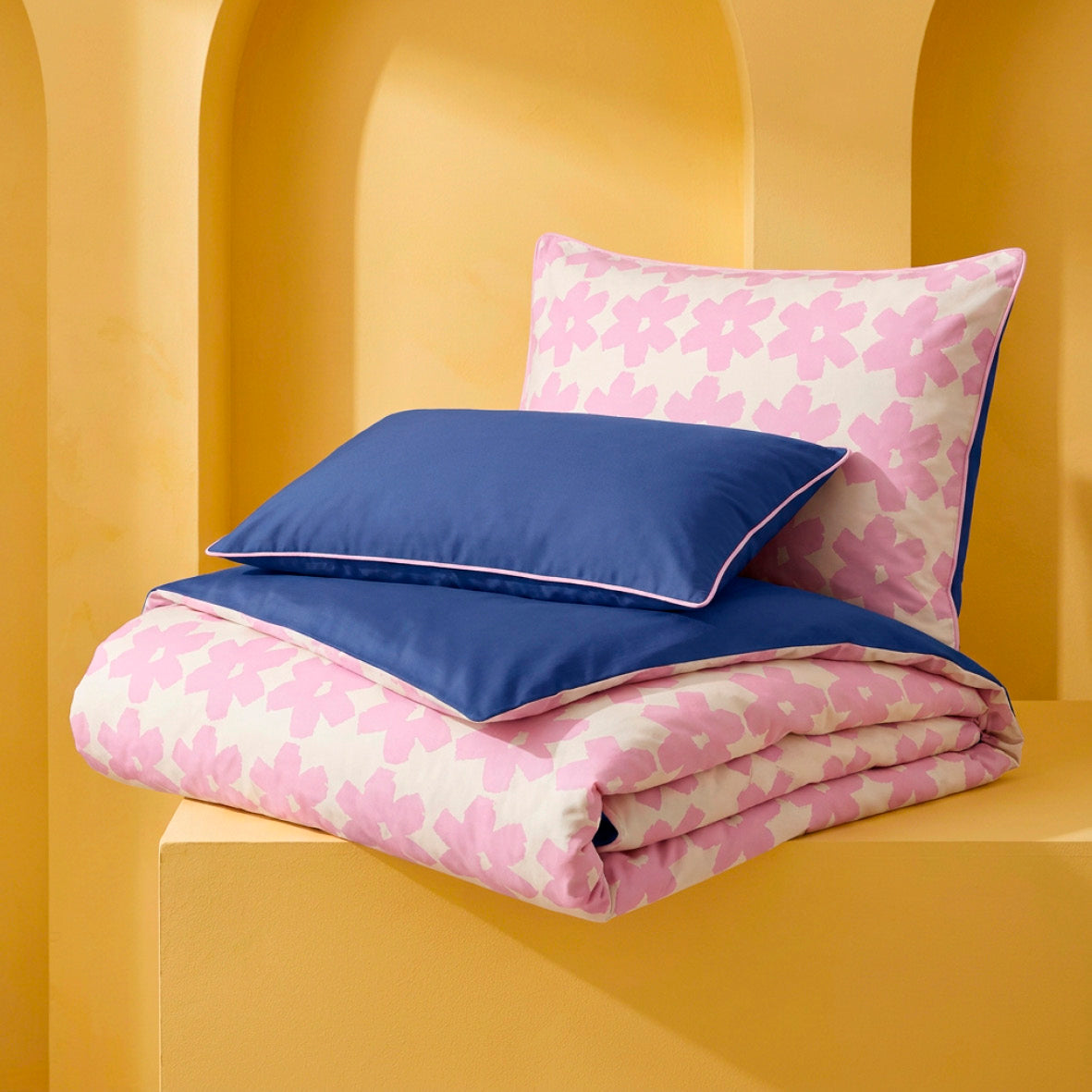 Duvet cover and pillowcase(s) set - 100% cotton sateen TC200 - Pervenche - pink / cobalt blue