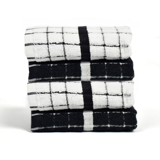 Kitchen towel combed cotton ZT - Damiers - 4 x (45 x 70 cm) White Black