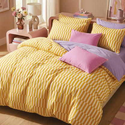 Duvet cover and pillowcase(s) set - 100% cotton sateen TC200 - Cadence rayée - yellow / lavender