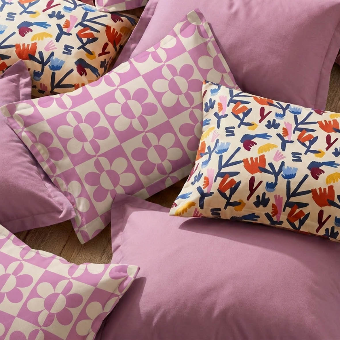 2 pillowcases - 100% cotton sateen TC200 - Pop flower - bubblegum / off-white / pïnk