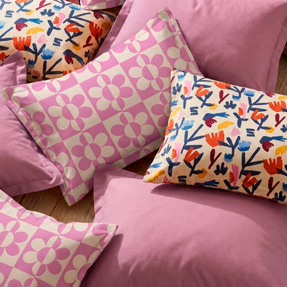 2 pillowcases - 100% cotton sateen TC200 - Pop flower - bubblegum / off-white / pïnk